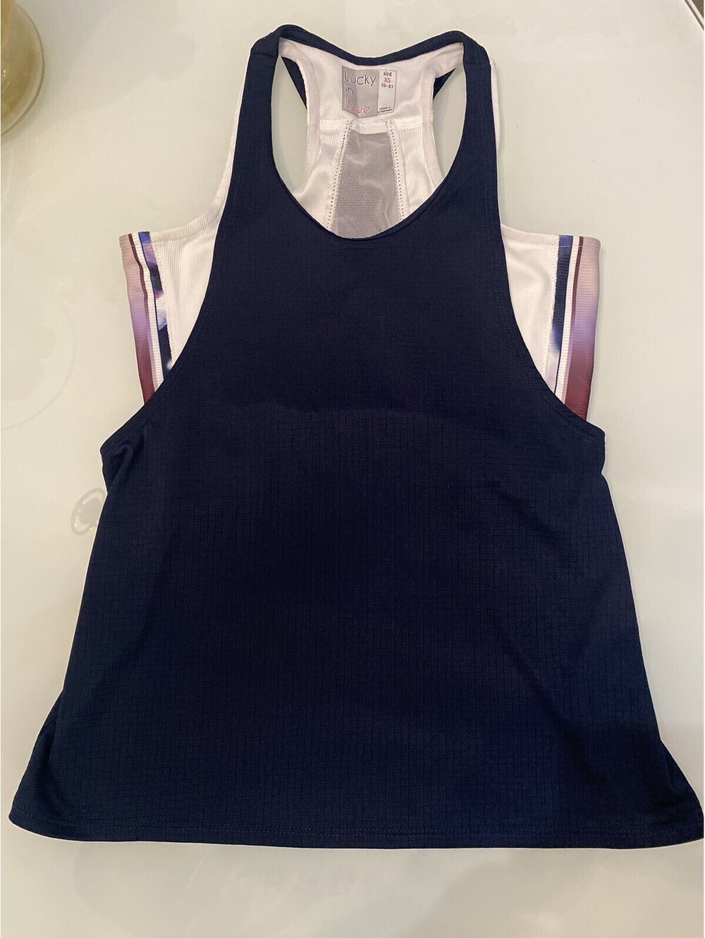 Lucky In Love Tennis  Sport Tank Top Blue With White Under Top Size XS